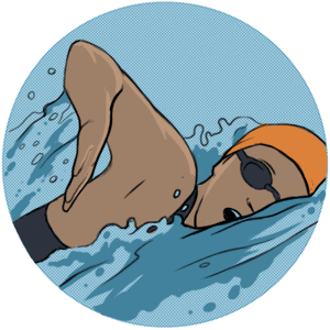 A front crawl swimmer breathing towards us