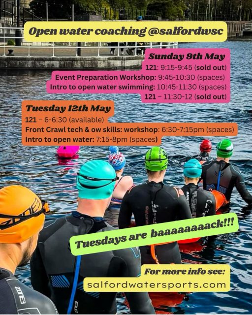 We’re super excited… Tuesdays @salfordwscare are baaaaaaack from the 12th May! 🤩 Here’s what open water coaching is coming up: ⭐️ Sunday 10th May  Event Preparation Workshop 🏆 Getting ready for your open water event? This session is for you. We’ll cover event strategies, wetsuit/skins tips, plus sharpening up key open water skills like sighting, turning and drafting. Intro to Open Water- this is the place for everyone to start. We’ll work on the essential skills to help you be safe and enjoy the open water. ⭐️ Tuesday 12th May Front Crawl Technique & OW Skills Workshop 🏊‍♀️ To swim efficiently in open water, it’s key to work on your front crawl technique AND open water skills. In this 45 min workshop we’ll cover front crawl technique such as breathing, stroke mechanics and adaptations for open water. We’ll also cover open water skills such as sighting, turning and drafting. Sessions are tailored to the group’s goals on the day. Plus we also have an Intro to Open Water and a 121 available on Tuesday. For further info & to book head over to: salfordwatersports.com #OpenWaterSwimming #openwatercoaching #salfordquays #mediacityuk #manchester