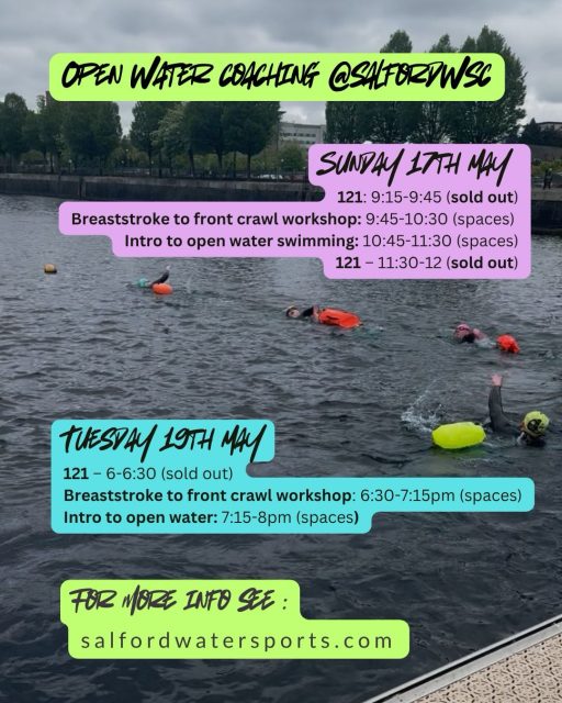 Here’s what open water coaching we’ve got coming up for you @salfordwsc this week If you’d like a sneak peek of what workshops we have coming up please see the 2nd photo.   Here’s a bit more about each of the session types:   121s or 221s are bespoke sessions tailored to your swimming aims.  ~~~~ Intro to Open Water is the place for everyone to start. We’ll work on the essential skills to help you be safe and enjoy the open water. ~~~~ Breaststroke to front crawl workshop This session is aimed breaststroke open water swimmers wishing to transition to front crawl or for those swimmers who are newer to front crawl to develop their technique. #openwaterswimming #openwatercoaching #salfordquays #mediacityuk #manchester